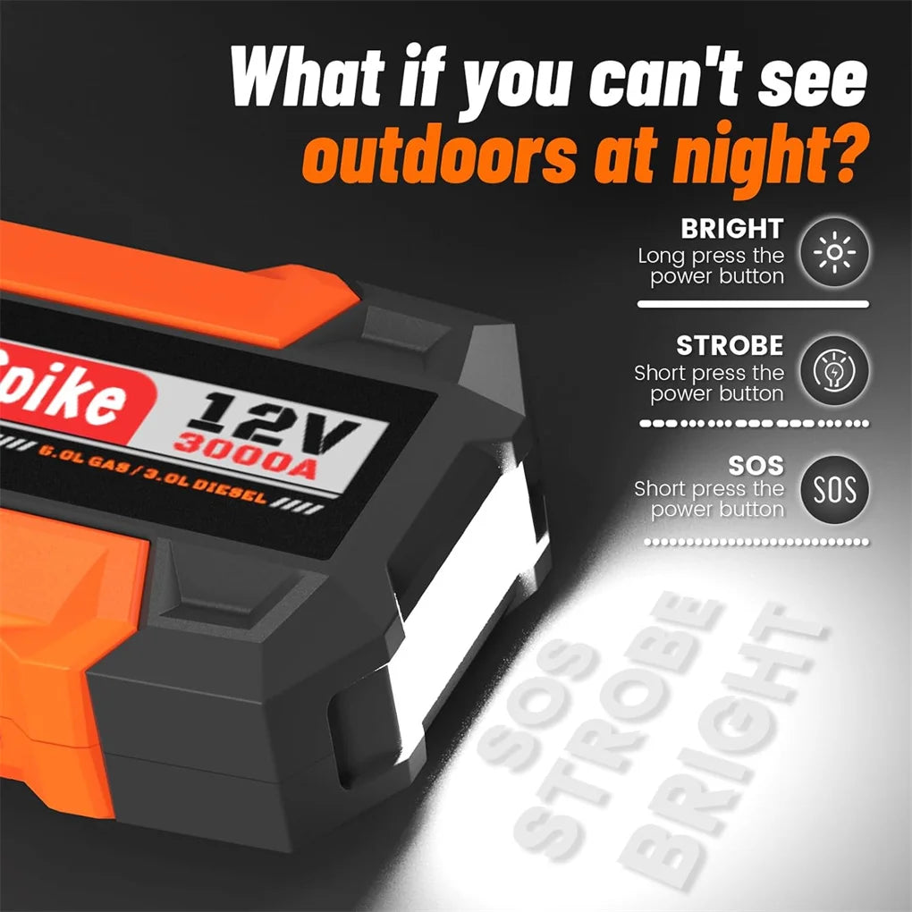 12,000mAh Portable Jump Starter – 12V Power Bank with 3000A Peak