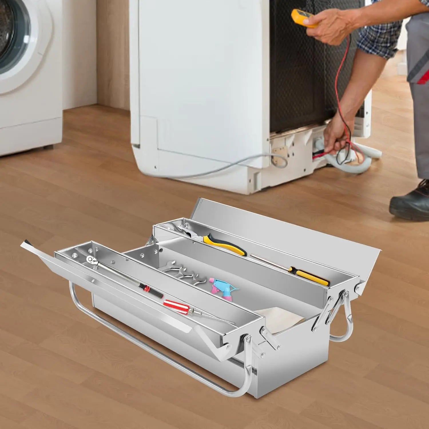 2-Tier Stainless Steel Toolbox – Retractable Tray Organizer