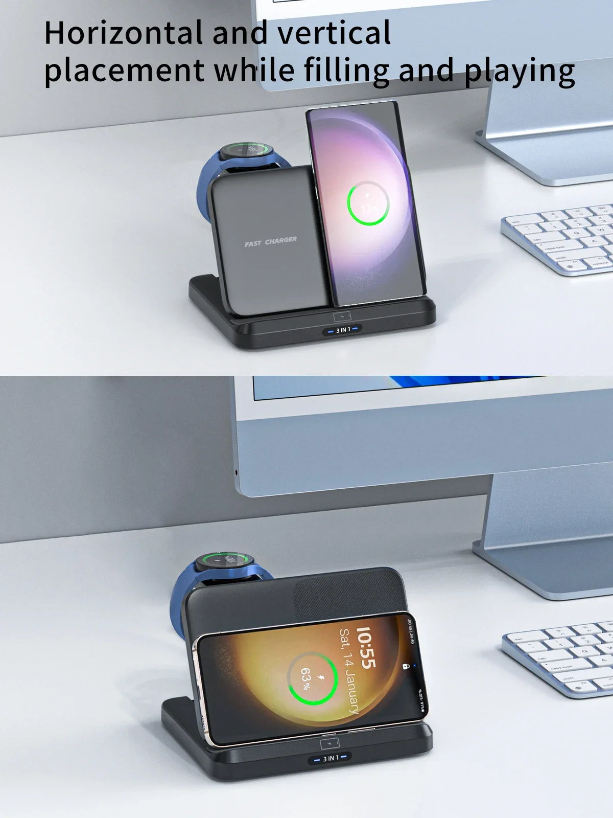 3-in-1 Wireless Charger Stand – Foldable Fast Charging Dock