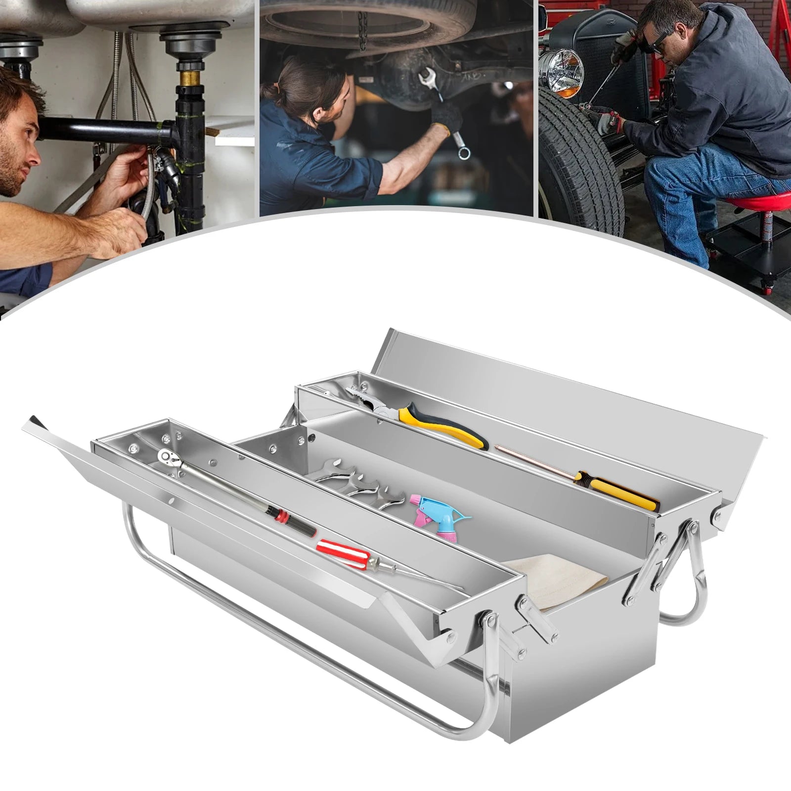 2-Tier Stainless Steel Toolbox – Retractable Tray Organizer