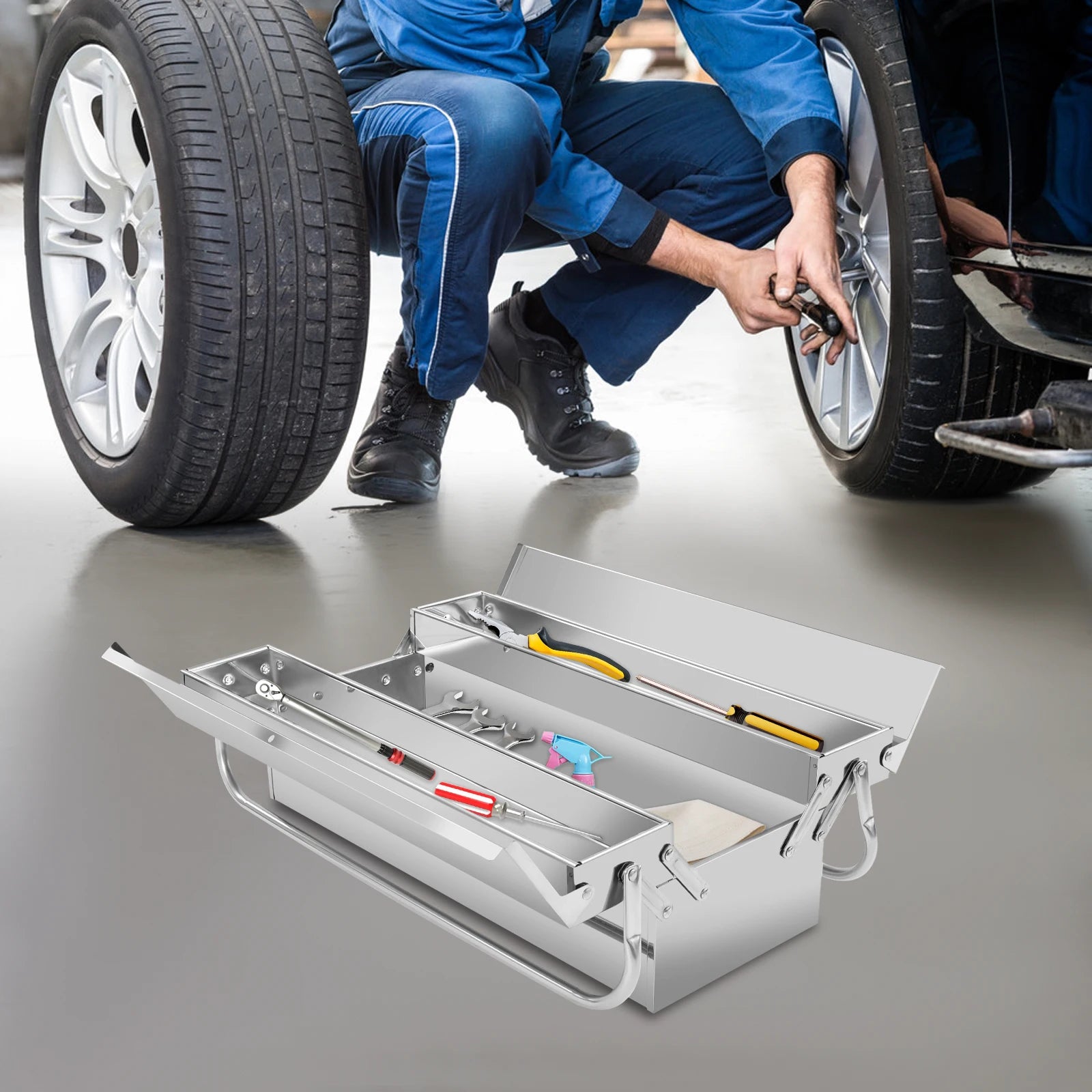 2-Tier Stainless Steel Toolbox – Retractable Tray Organizer