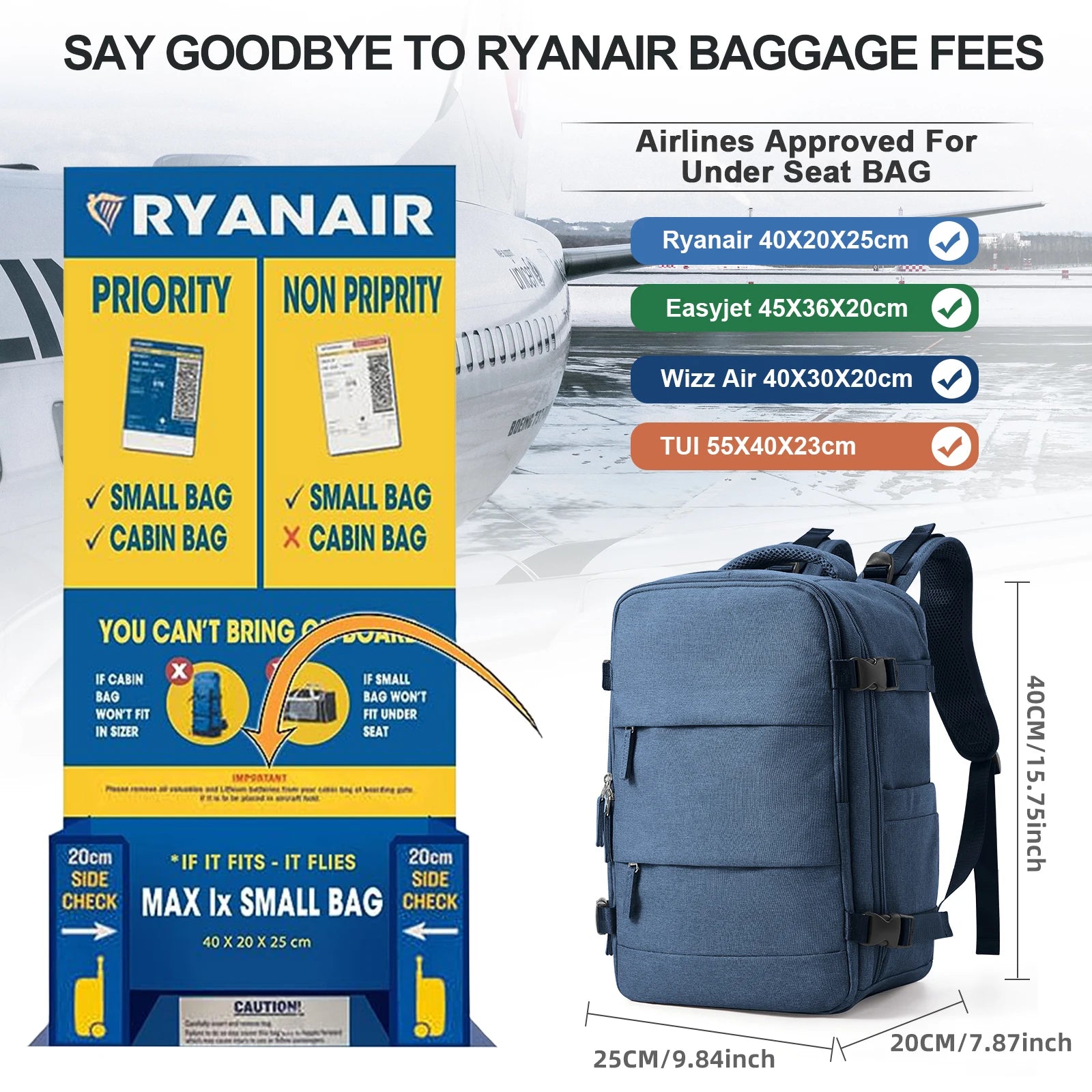 Ryanair Cabin Travel Backpack – 40x20x25cm Carry-On Bag