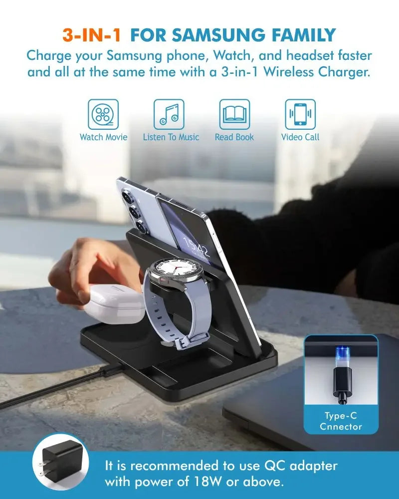 3-in-1 Wireless Charger Stand – Foldable Fast Charging Dock