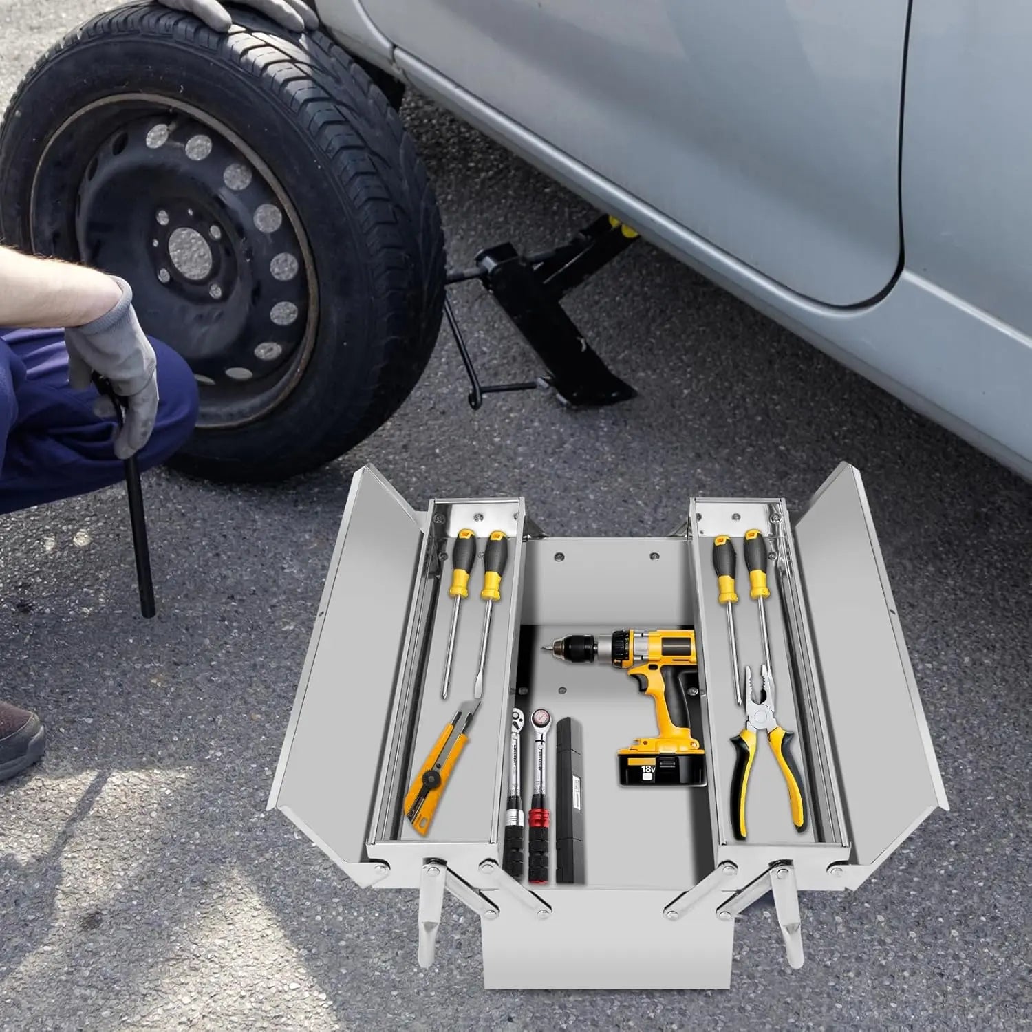 2-Tier Stainless Steel Toolbox – Retractable Tray Organizer