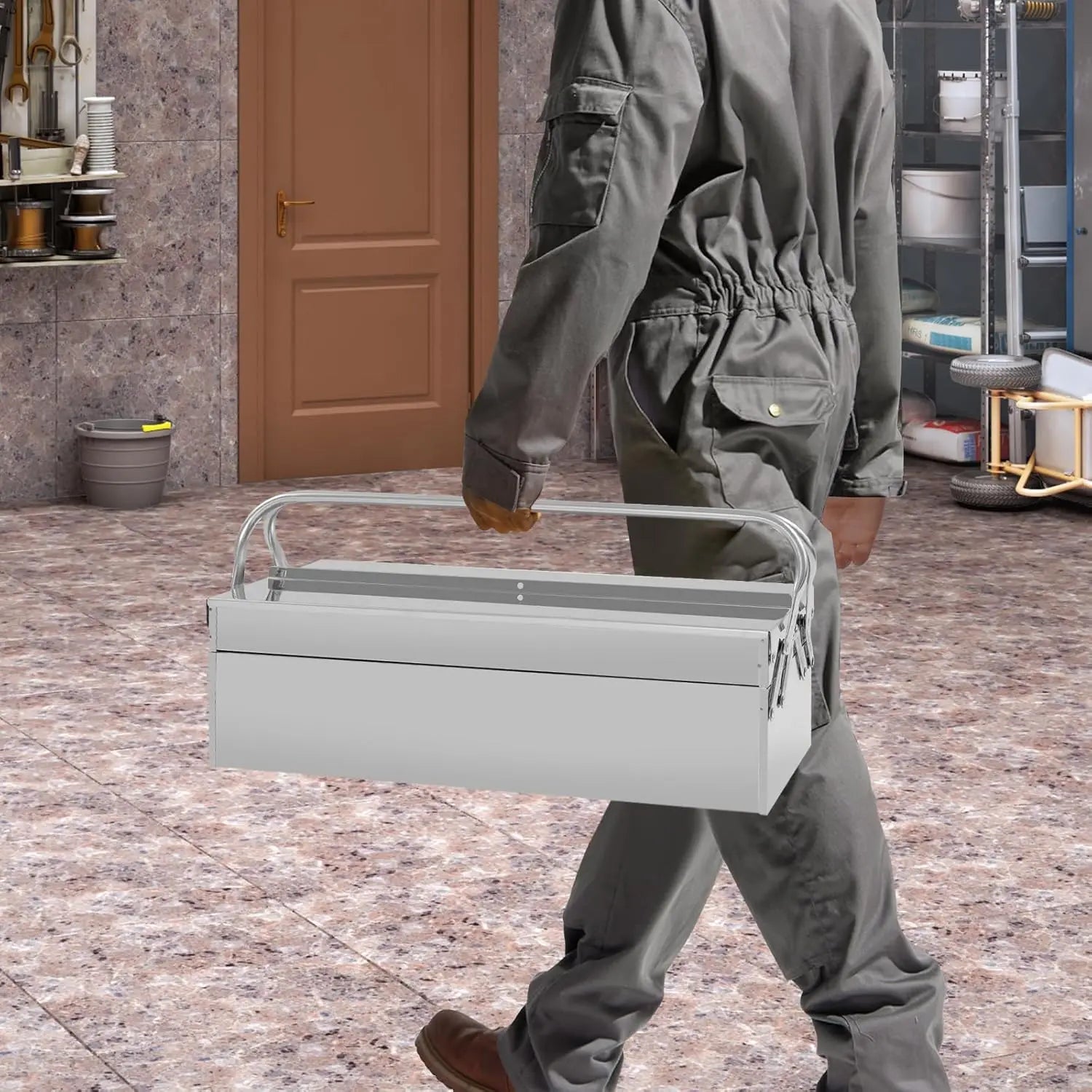 2-Tier Stainless Steel Toolbox – Retractable Tray Organizer